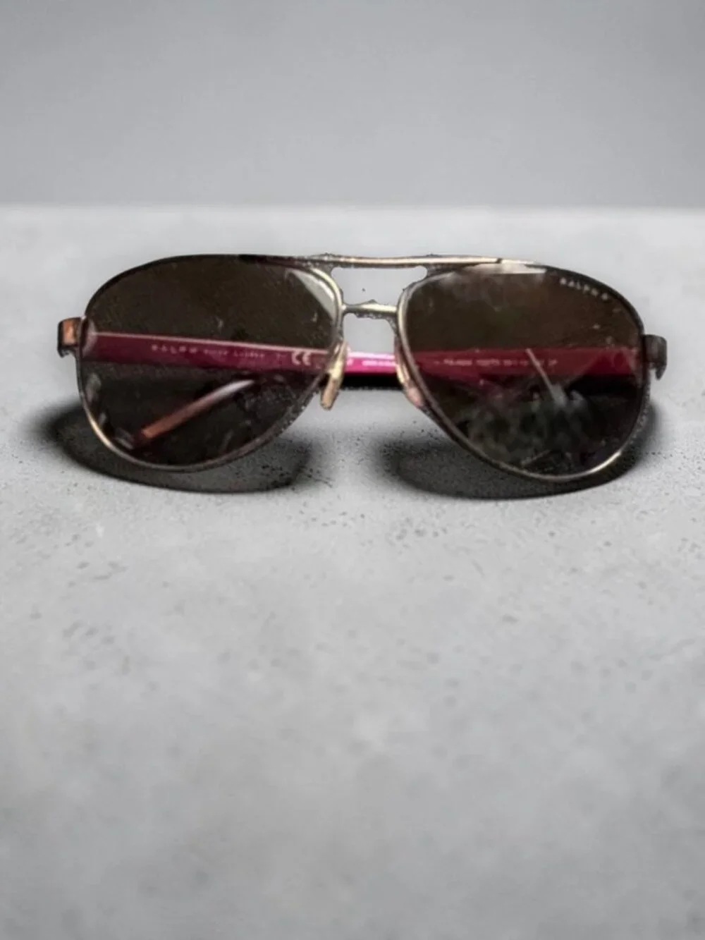 Ralph Lauren Y2K Aviator Sunglasses Brown Gradient Pink Arms Gold Tone RA4004